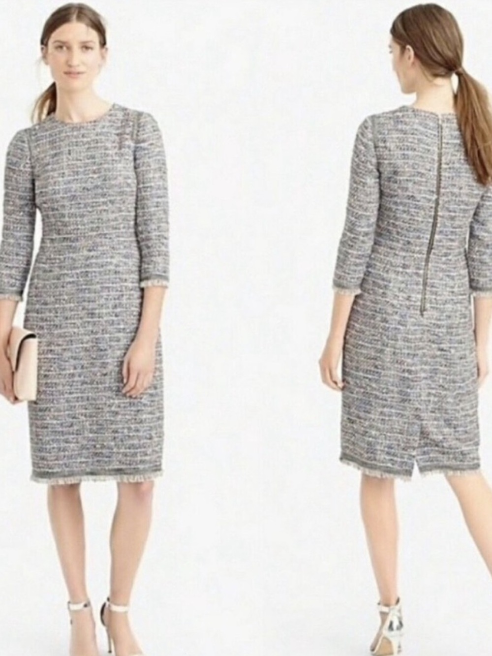 J.Crew Tweed Fringe Trim 3/4 Sleeve Sheath Dress Size 2